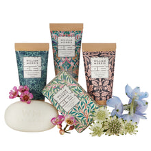 Load image into Gallery viewer, William Morris At Home Peacock &amp; Bird Velvet Hand Care Pouch (Assorted Hand Creams 3x30ml, Guest Soap 50g)
