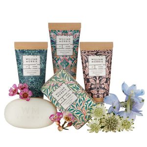 William Morris At Home Peacock & Bird Velvet Hand Care Pouch (Assorted Hand Creams 3x30ml, Guest Soap 50g)