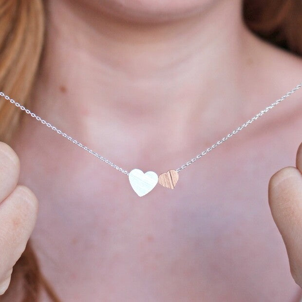 Brushed Double Heart Necklace in Silver and Rose Gold