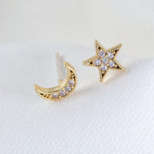 Load image into Gallery viewer, CZ Stone Moon and Star Gold Earrings
