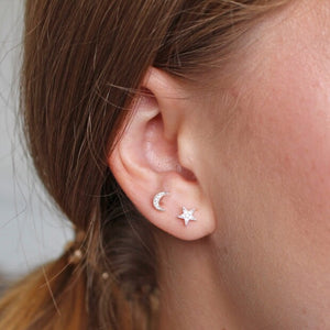 CZ Stone Moon and Star Silver Earrings