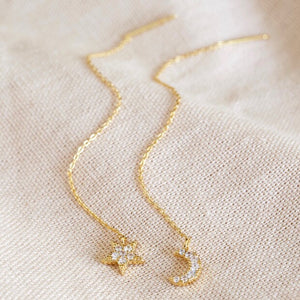Thread Through Moon and Star Chain Earrings in Gold