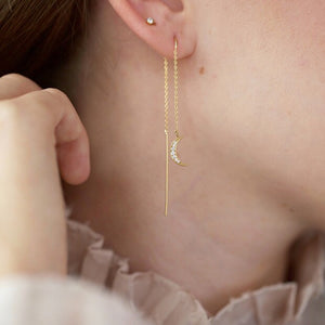 Thread Through Moon and Star Chain Earrings in Gold