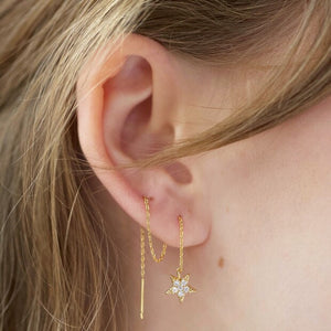 Thread Through Moon and Star Chain Earrings in Gold