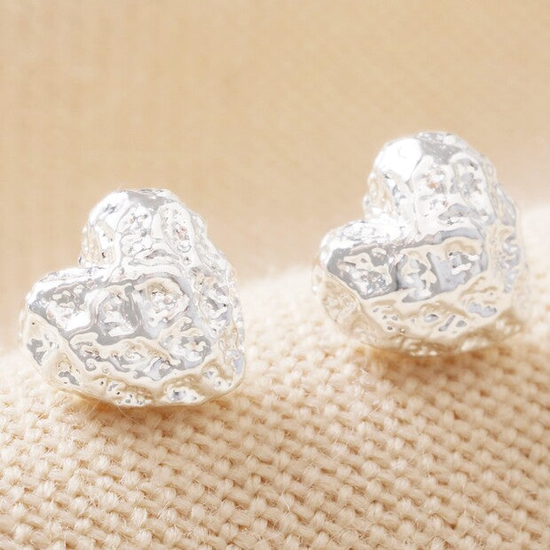 Textured heart stud earrings in silver