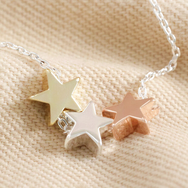 Mixed Metal Triple Star Bead Necklace