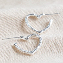Load image into Gallery viewer, Organic Finish Small Heart Hoop Earrings in Silver

