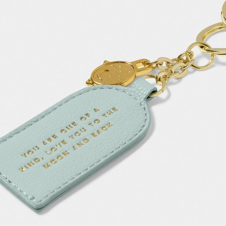 KEEPSAKE CHARM KEYRING  LOVE YOU TO THE MOON AND BACK  Light Duck Egg  7.5cm x 4cm x 0.5cm