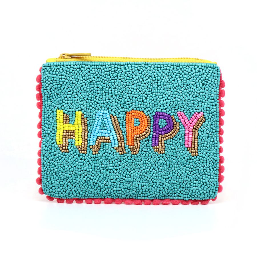 TURQUOISE 'HAPPY' BEADED SMALL HOLIDAY PURSE