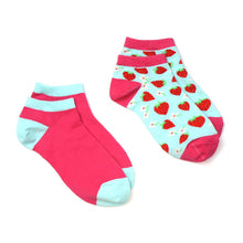 Load image into Gallery viewer, CERISE &amp; LIGHT BLUE STRAWBERRIES 2 PAIR PACK TRAINER SOCKS
