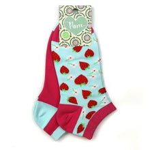 Load image into Gallery viewer, CERISE &amp; LIGHT BLUE STRAWBERRIES 2 PAIR PACK TRAINER SOCKS
