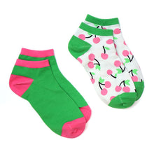 Load image into Gallery viewer, GREEN AND BRIGHT PINK CHERRIES 2 PAIR PACK TRAINER SOCKS
