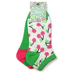 GREEN AND BRIGHT PINK CHERRIES 2 PAIR PACK TRAINER SOCKS
