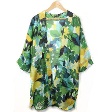 Load image into Gallery viewer, GREEN/MUSTARD MIX ABSTRACT FORAL PRINT LONGER LENGTH KIMONO
