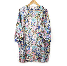 Load image into Gallery viewer, BLUE/PINKS AND KHAKI MIX FLOWERS AND LEAVES LONGER LENGTH KIMONO
