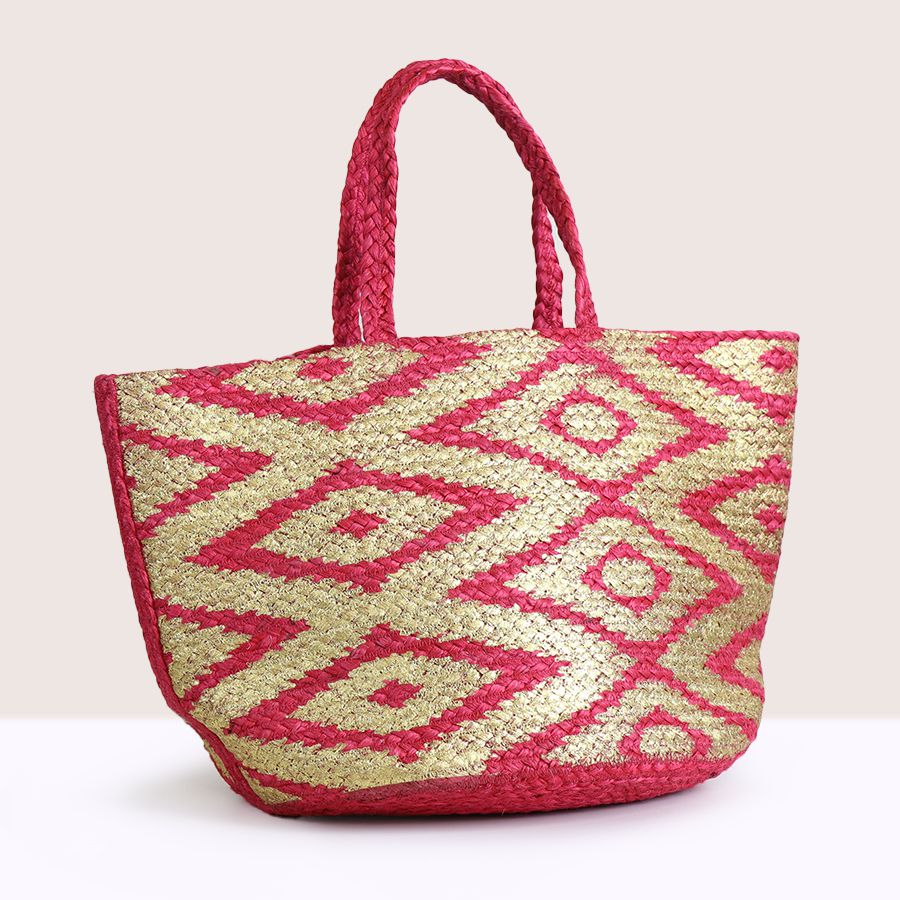 BRIGHT PINK JUTE BAG WITH GOLD OVERPRINT