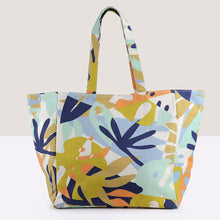 Load image into Gallery viewer, BLUE/MUSTARD MULTI MIX TROPICAL FLORAL CANVAS TOTE BAG
