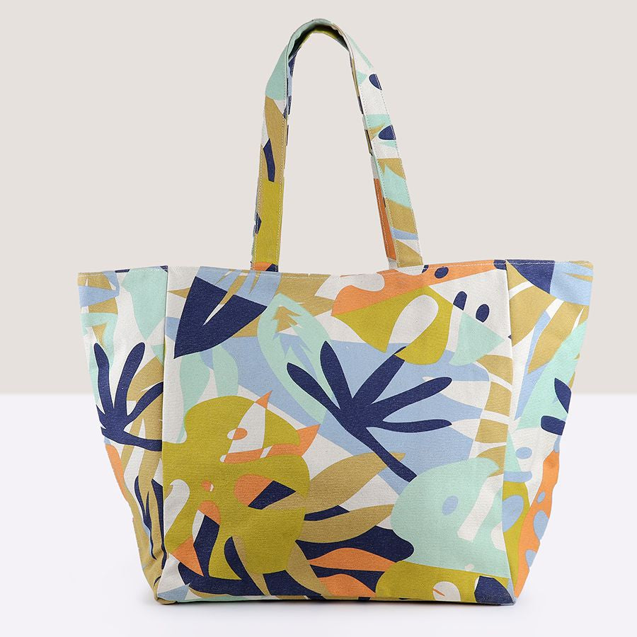 BLUE/MUSTARD MULTI MIX TROPICAL FLORAL CANVAS TOTE BAG