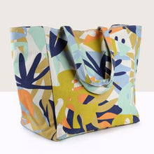 Load image into Gallery viewer, BLUE/MUSTARD MULTI MIX TROPICAL FLORAL CANVAS TOTE BAG
