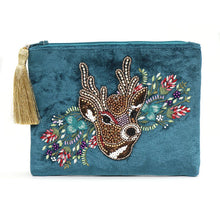 Load image into Gallery viewer, TEAL VELVET EMBROIDERED AND BEADED STAG AND FLOWER PURSE WITH GOLD ZIP TASSEL
