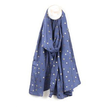 Load image into Gallery viewer, DENIM BLUE VISCOSE SCARF WITH GOLD STAR FOIL PRINT
