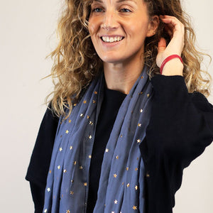 DENIM BLUE VISCOSE SCARF WITH GOLD STAR FOIL PRINT