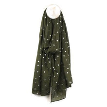 Load image into Gallery viewer, DEEP PINE GREEN VISCOSE SCARF WITH SILVER STAR FOIL PRINT
