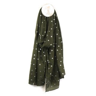 DEEP PINE GREEN VISCOSE SCARF WITH SILVER STAR FOIL PRINT