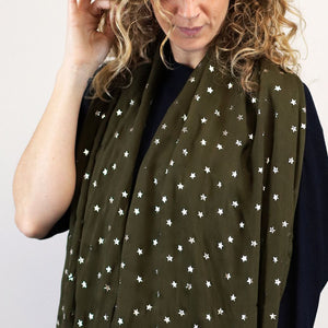 DEEP PINE GREEN VISCOSE SCARF WITH SILVER STAR FOIL PRINT