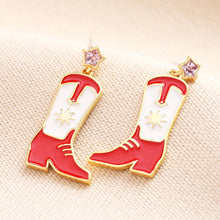 Load image into Gallery viewer, Red Enamel Cowboy Boot Drop Errings in Gold
