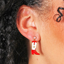 Load image into Gallery viewer, Red Enamel Cowboy Boot Drop Errings in Gold
