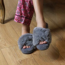 Load image into Gallery viewer, PALE GREY FAUX FUR CROSS OVER LUXURY SLIPPER SIZE MED/LARGE (UK 6-8)
