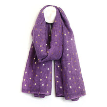 Load image into Gallery viewer, PURPLE WASHED RECYCLED POLYESTER SCARF WITH ROSE GOLD FOIL STARS

