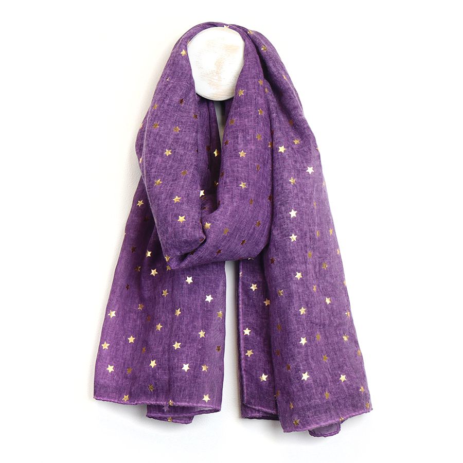 PURPLE WASHED RECYCLED POLYESTER SCARF WITH ROSE GOLD FOIL STARS