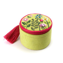 Load image into Gallery viewer, GREEN VELVET EMBROIDERED SUMMER MEADOW ROUND TRINKET BOX
