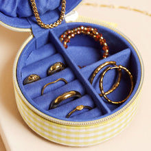 Load image into Gallery viewer, Yellow Gingham and Tomato Embroidery Round Travel Jewellery Case
