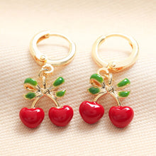 Load image into Gallery viewer, Enamel Cherry Bow Huggie Hoop Earrings in Gold
