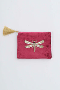 WINE EMBROIDERED AND BEADED DRAGONFLY FLAT VELVET PURSE WITH ZIP TASSEL