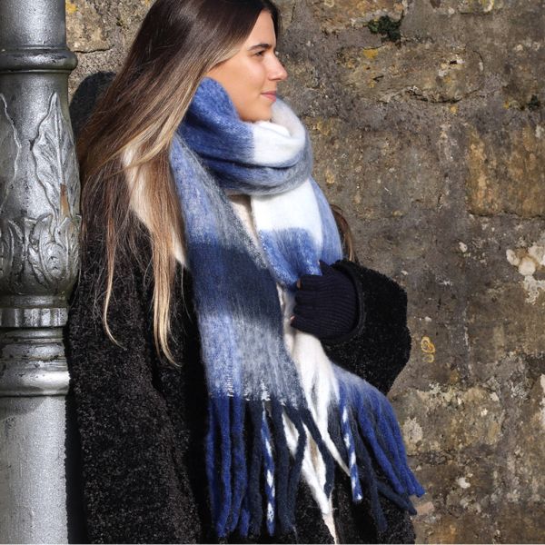 ROYAL BLUE CHECK FLUFFY WINTER FRINGED SCARF