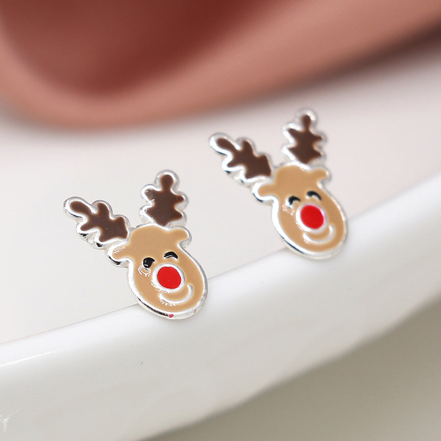 STERLING SILVER ENAMELLED RUDOLPH XMAS STUDS