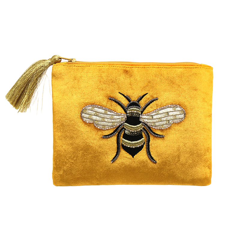 MUSTARD EMBROIDERED AND BEADED BEE FLAT VELVET PURSE WITH ZIP TASSEL
