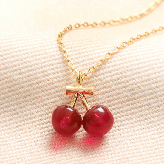Beaded Cherry Pendant Necklace in Gold
