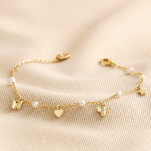 Bee, Pearl, Butterfly and Heart Charm Bracelet in Gold