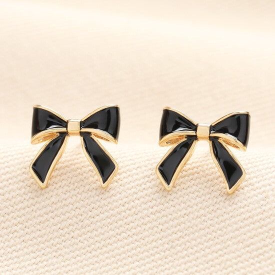 Black Enamel Bow Stud Earrings in Gold