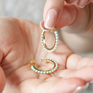 Green Stone Hoop Earrings in Gold