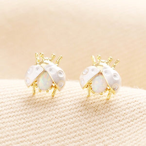 Opal Ladybird Stud Earrings in Gold