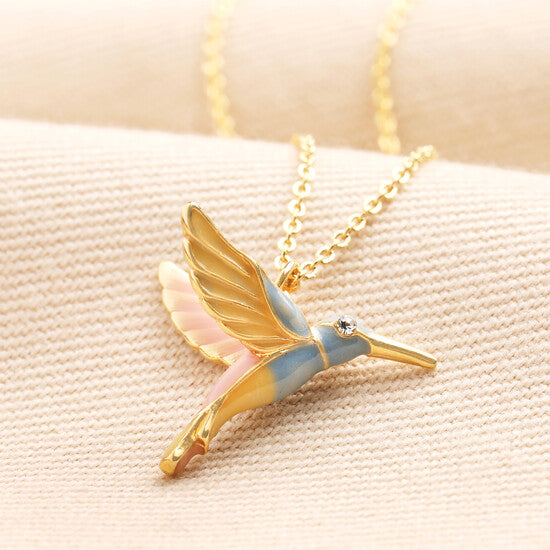 Pink Yellow & Blue Hummingbird Pendant in Gold