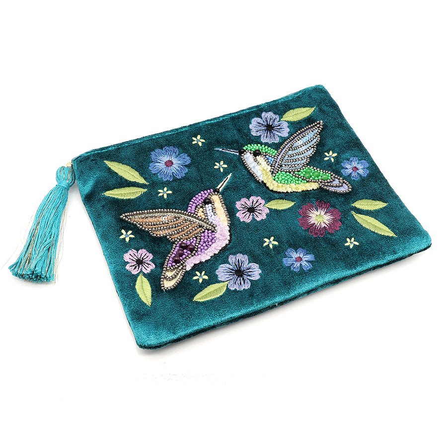 TEAL VELVET ZIP PURSE/POUCH WITH HUMMINGBIRD EMBROIDERY