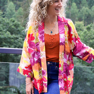 BRIGHT PINK MIX ABSTRACT FLORAL PRINT KIMONO