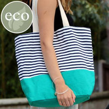 Load image into Gallery viewer, Navy Striped Cotton Beach Bag with Emerald Colour Block Base
